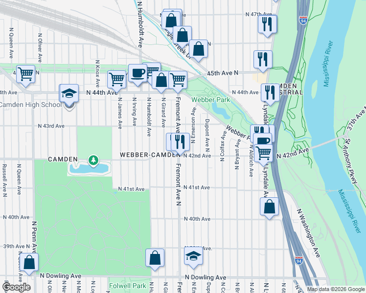 map of restaurants, bars, coffee shops, grocery stores, and more near 1223 North 42nd Avenue in Minneapolis