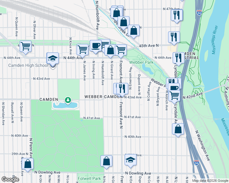 map of restaurants, bars, coffee shops, grocery stores, and more near in Minneapolis