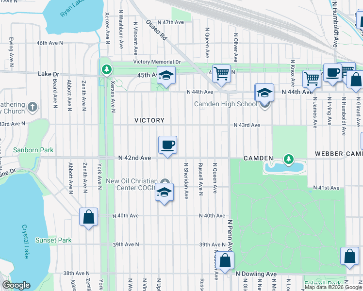 map of restaurants, bars, coffee shops, grocery stores, and more near 4200 North Sheridan Avenue in Minneapolis