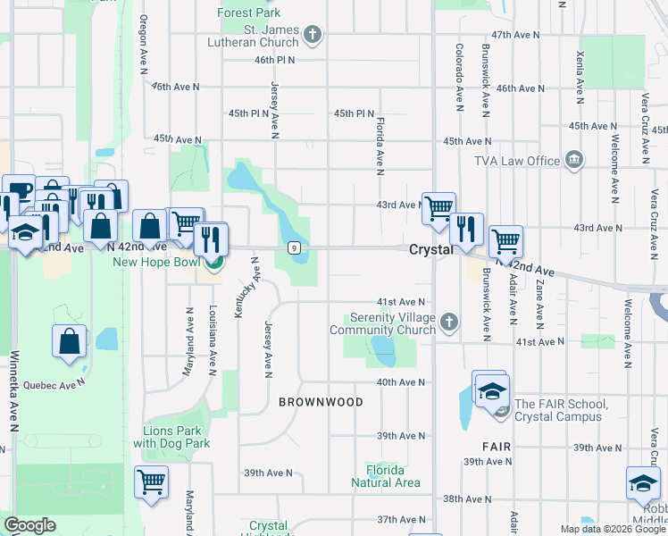 map of restaurants, bars, coffee shops, grocery stores, and more near 6621 41st Place North in Minneapolis
