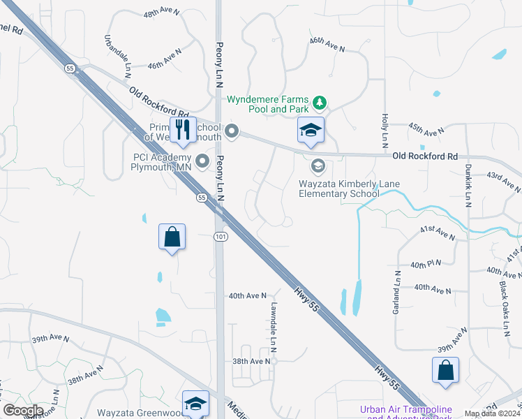 map of restaurants, bars, coffee shops, grocery stores, and more near 85 41st Avenue North in Plymouth