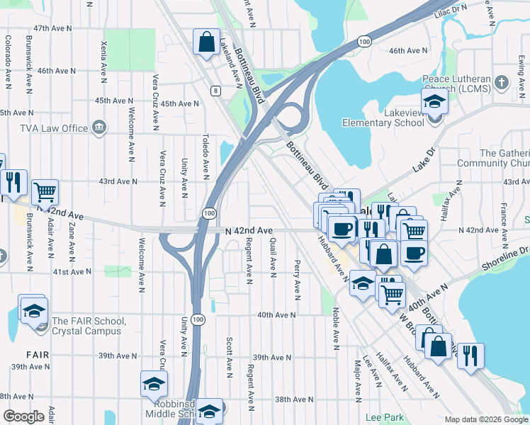 map of restaurants, bars, coffee shops, grocery stores, and more near 5016 North 42nd Avenue in Minneapolis