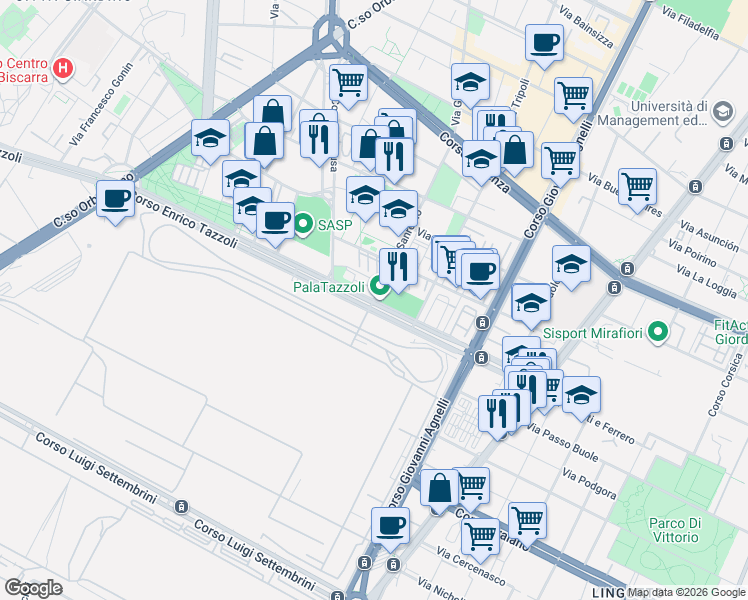 map of restaurants, bars, coffee shops, grocery stores, and more near 38 Corso Enrico Tazzoli in Torino