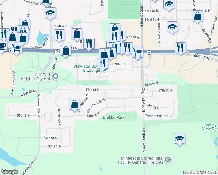 map of restaurants, bars, coffee shops, grocery stores, and more near 14508 57th Street North in Stillwater