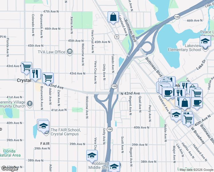 map of restaurants, bars, coffee shops, grocery stores, and more near 5400 North 42nd Avenue in Minneapolis