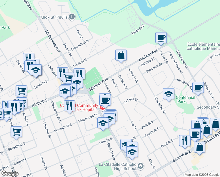 map of restaurants, bars, coffee shops, grocery stores, and more near 814 Alice Street in Cornwall