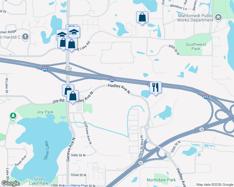 map of restaurants, bars, coffee shops, grocery stores, and more near 5680 Hadley Avenue North in Saint Paul
