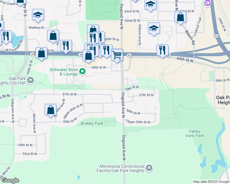 map of restaurants, bars, coffee shops, grocery stores, and more near 5711 Oren Avenue North in Stillwater