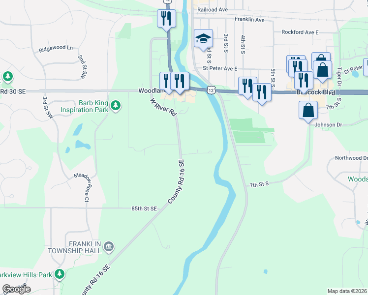 map of restaurants, bars, coffee shops, grocery stores, and more near 609 West River Road in Delano