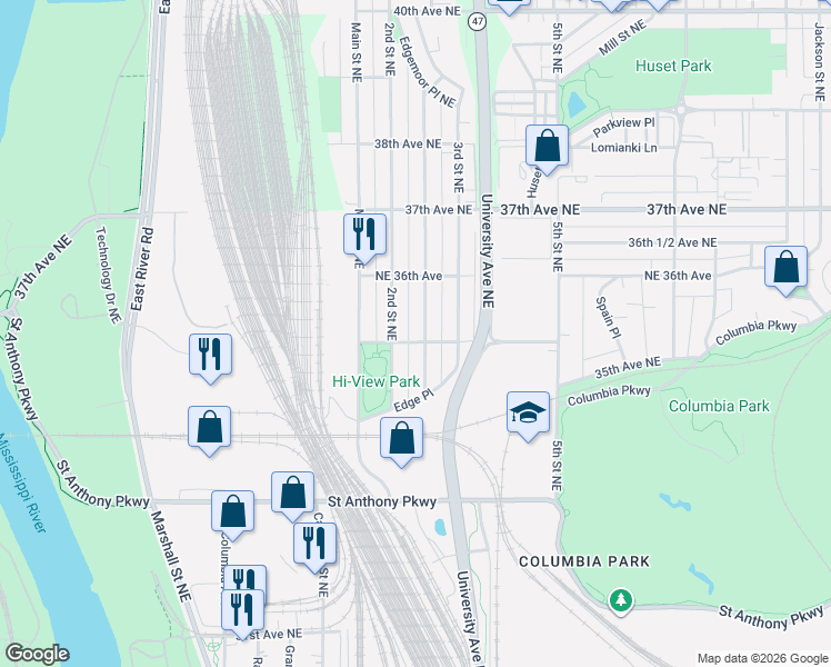 map of restaurants, bars, coffee shops, grocery stores, and more near 3442 2 1/2 Street Northeast in Minneapolis