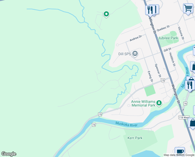 map of restaurants, bars, coffee shops, grocery stores, and more near MacArthur Drive in Bracebridge
