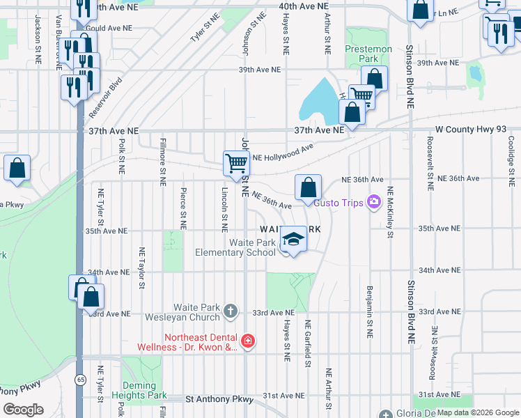 map of restaurants, bars, coffee shops, grocery stores, and more near 3439 Ulysses Street Northeast in Minneapolis