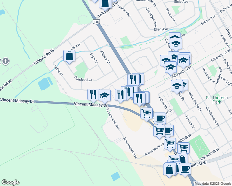 map of restaurants, bars, coffee shops, grocery stores, and more near 746 Laflin Street in Cornwall