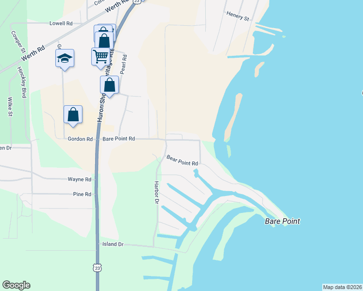 map of restaurants, bars, coffee shops, grocery stores, and more near 1137-1171 Bare Point Road in Alpena