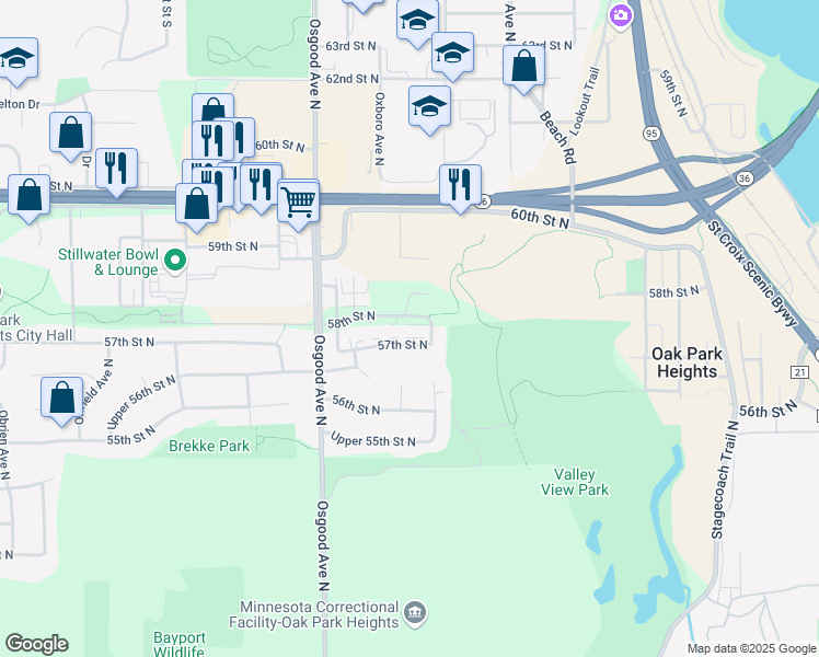map of restaurants, bars, coffee shops, grocery stores, and more near 14881 58th Street North in Oak Park Heights