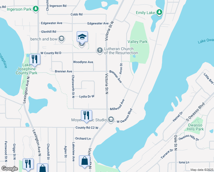 map of restaurants, bars, coffee shops, grocery stores, and more near 3060 Victoria Street North in Roseville