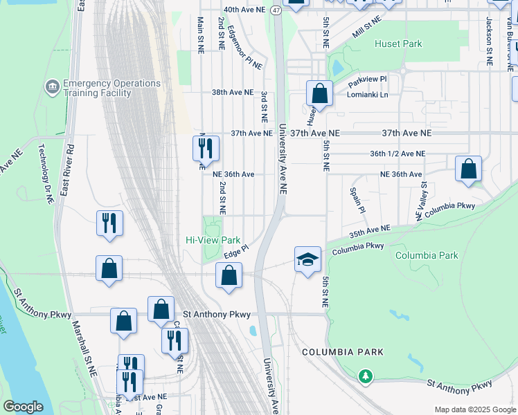 map of restaurants, bars, coffee shops, grocery stores, and more near 3534 3rd Street Northeast in Minneapolis