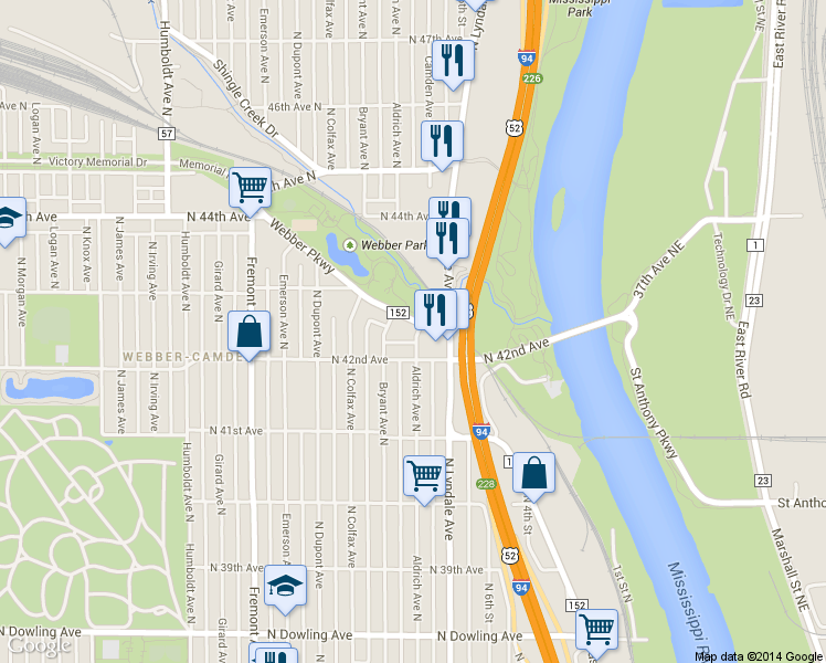 map of restaurants, bars, coffee shops, grocery stores, and more near 4255 Webber Parkway in Minneapolis