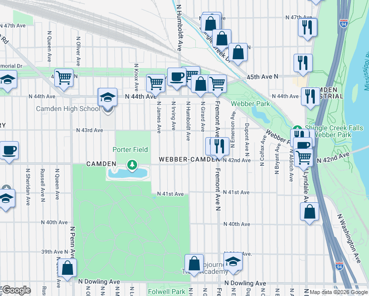 map of restaurants, bars, coffee shops, grocery stores, and more near 4249 North Humboldt Avenue in Minneapolis