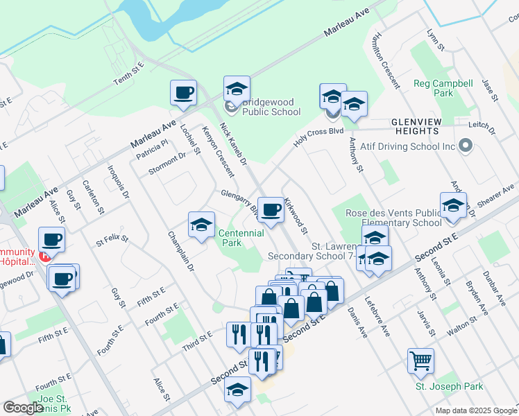 map of restaurants, bars, coffee shops, grocery stores, and more near 780 Glengarry Boulevard in Cornwall