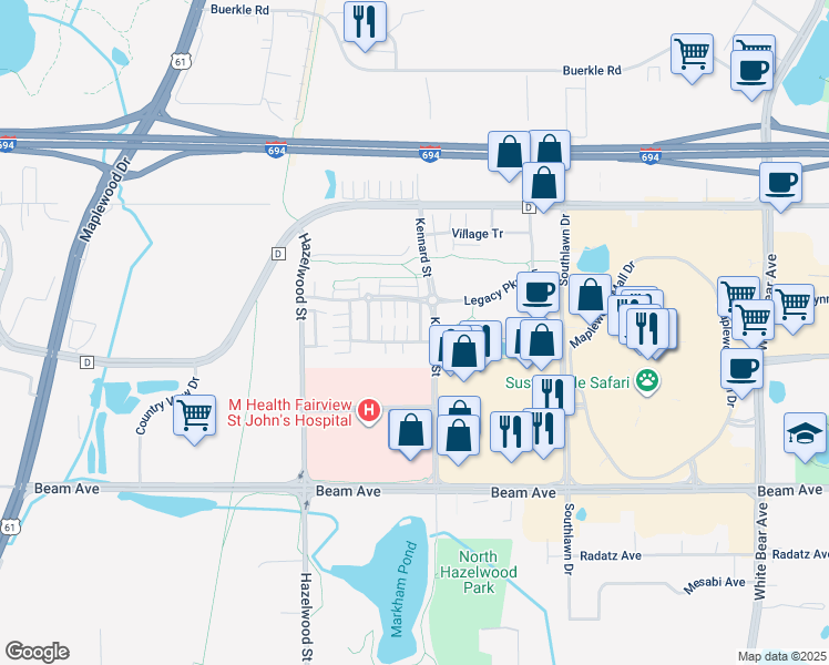 map of restaurants, bars, coffee shops, grocery stores, and more near 5 Hemingway Trail North in Maplewood