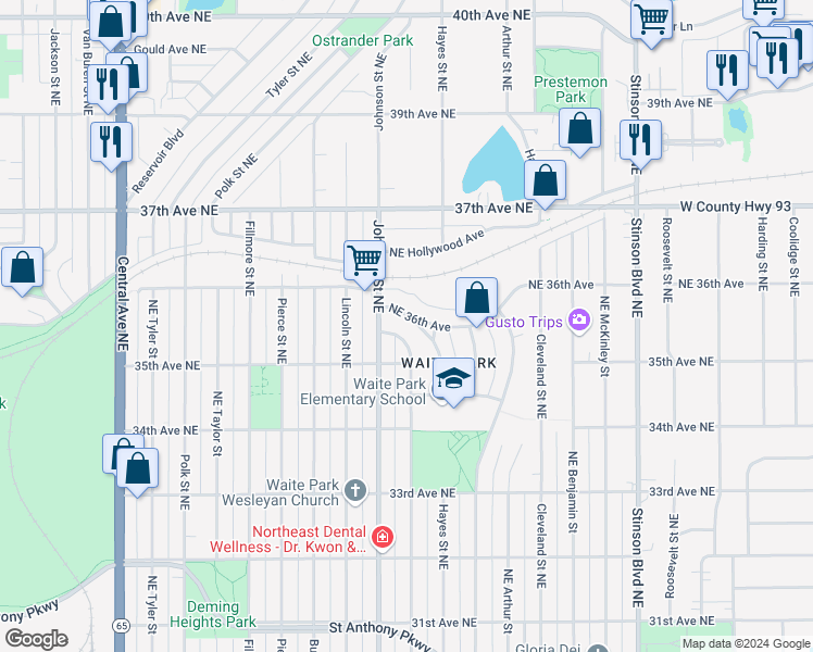 map of restaurants, bars, coffee shops, grocery stores, and more near 1630 Northeast 36th Avenue in Minneapolis