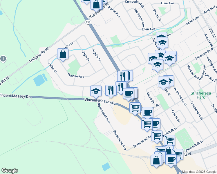 map of restaurants, bars, coffee shops, grocery stores, and more near 746 Laflin Street in Cornwall