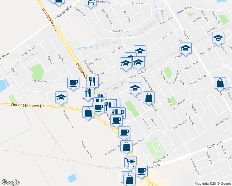 map of restaurants, bars, coffee shops, grocery stores, and more near 428 Sara Street in Cornwall