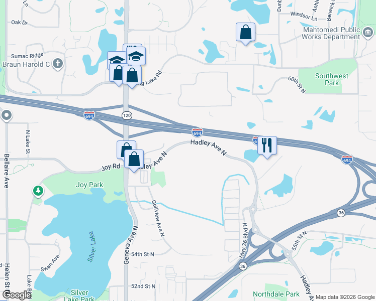 map of restaurants, bars, coffee shops, grocery stores, and more near 5680 Hadley Avenue North in Oakdale