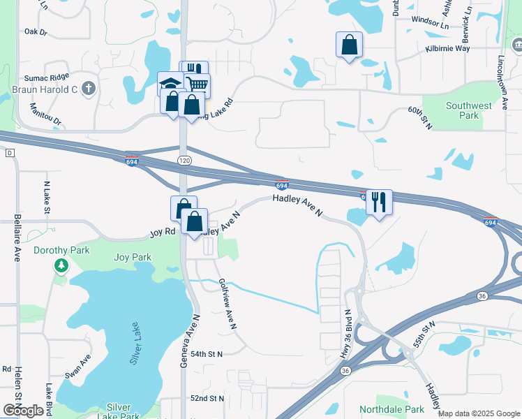 map of restaurants, bars, coffee shops, grocery stores, and more near 5680 Hadley Avenue North in Oakdale