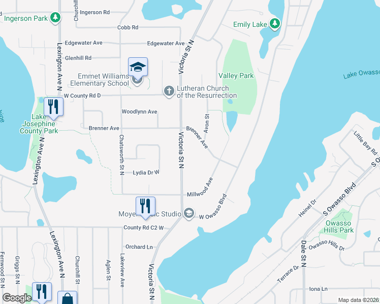 map of restaurants, bars, coffee shops, grocery stores, and more near 3060 Victoria Street North in Roseville