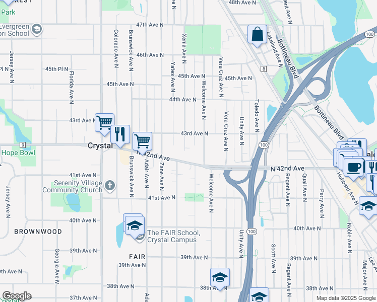 map of restaurants, bars, coffee shops, grocery stores, and more near 4238 Xenia Avenue North in Minneapolis