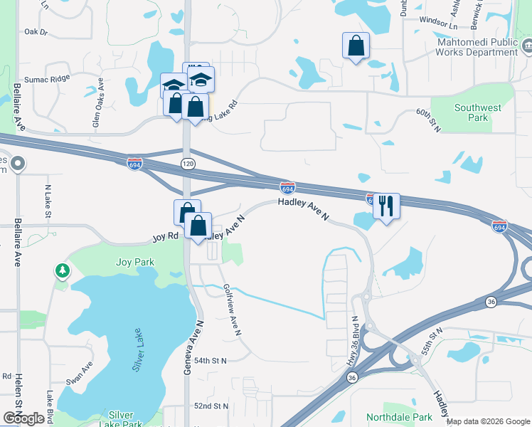 map of restaurants, bars, coffee shops, grocery stores, and more near 5680 Hadley Avenue North in Oakdale