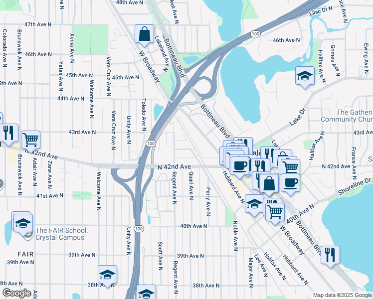 map of restaurants, bars, coffee shops, grocery stores, and more near 5024 42nd 1/2 Avenue North in Robbinsdale