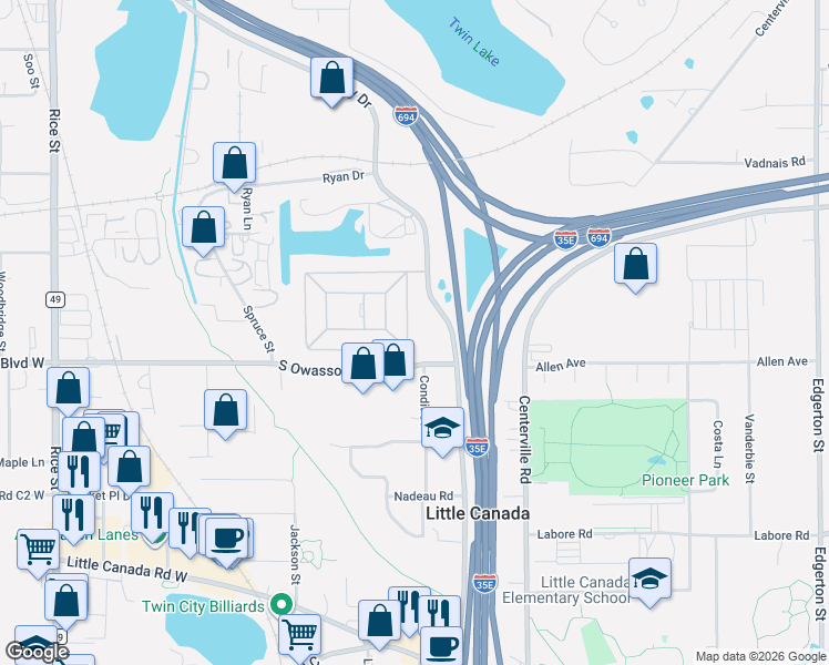 map of restaurants, bars, coffee shops, grocery stores, and more near 3056-3098 Country Drive in Little Canada