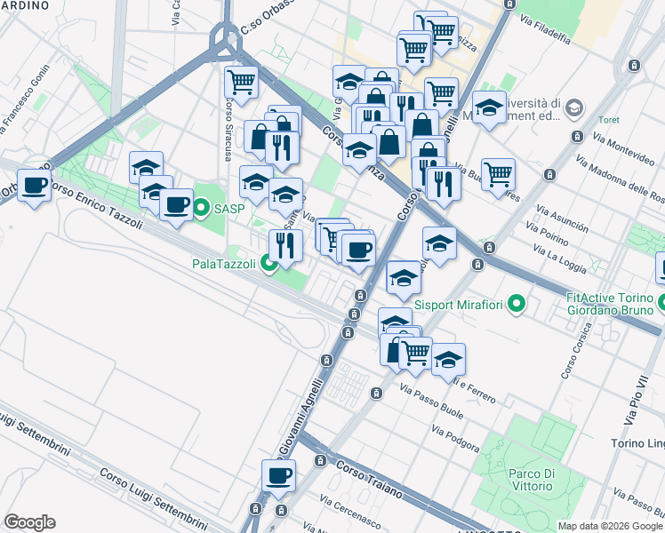 map of restaurants, bars, coffee shops, grocery stores, and more near 3 Via Lamberto de Bernardi in Torino