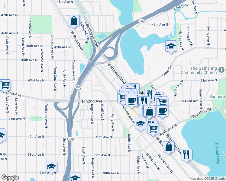 map of restaurants, bars, coffee shops, grocery stores, and more near 4283 West Broadway Avenue in Minneapolis