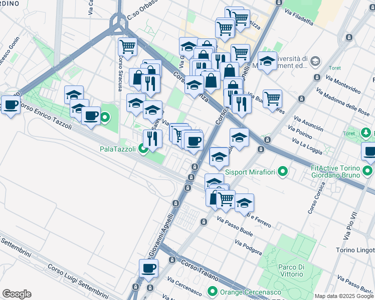 map of restaurants, bars, coffee shops, grocery stores, and more near 3 Via Lamberto de Bernardi in Torino