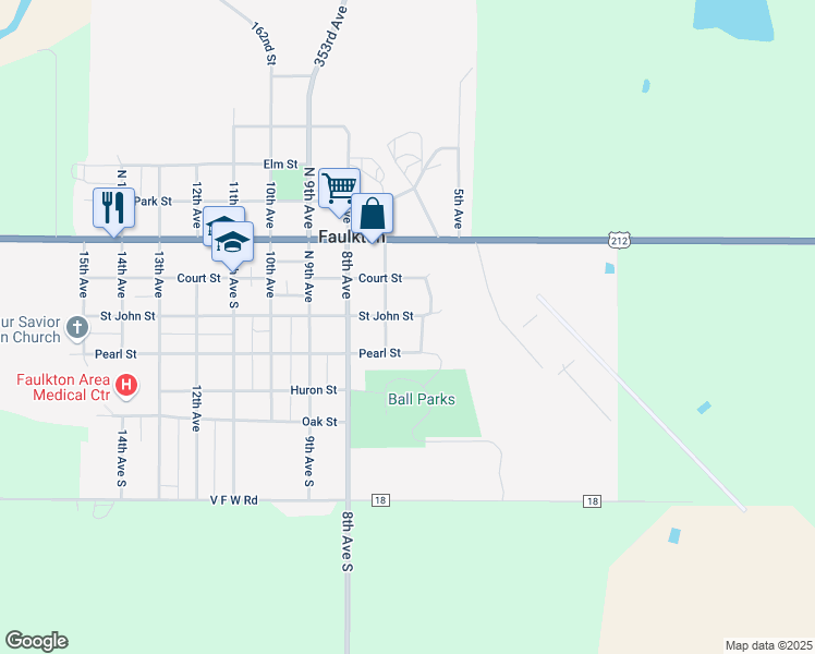 map of restaurants, bars, coffee shops, grocery stores, and more near 612 Saint John Street in Faulkton