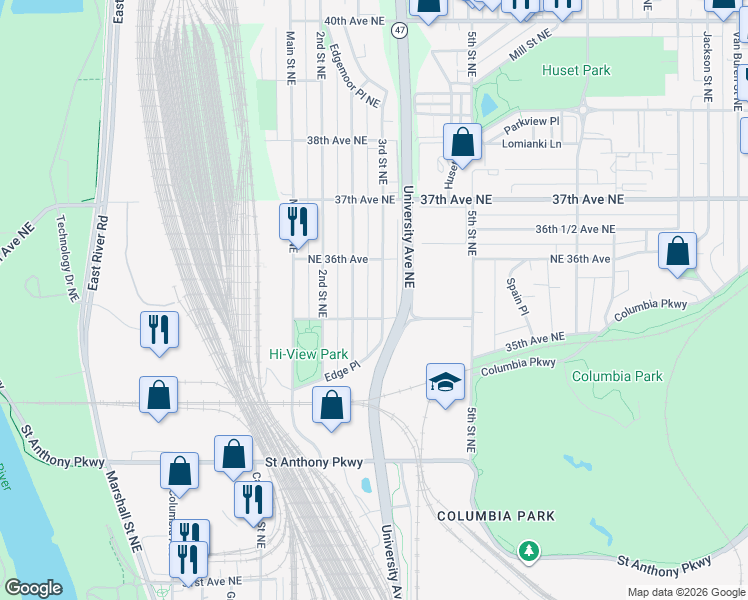 map of restaurants, bars, coffee shops, grocery stores, and more near 3534 3rd Street Northeast in Minneapolis
