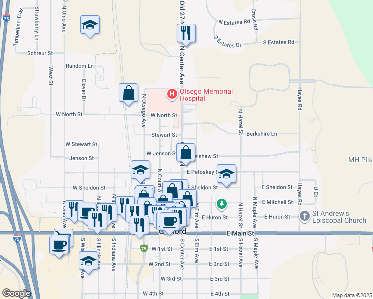 map of restaurants, bars, coffee shops, grocery stores, and more near 520 Old 27 North in Gaylord