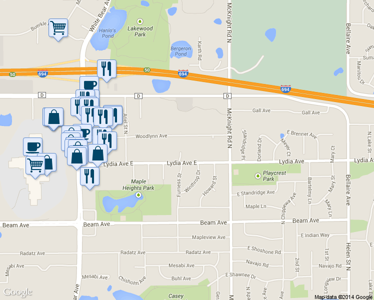 map of restaurants, bars, coffee shops, grocery stores, and more near 2164 Woodlynn Avenue in Saint Paul