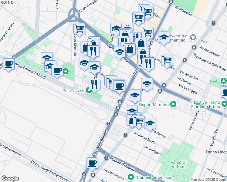map of restaurants, bars, coffee shops, grocery stores, and more near 3 Via Lamberto de Bernardi in Torino