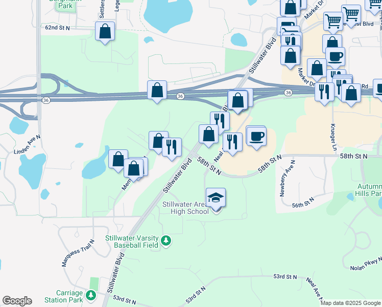 map of restaurants, bars, coffee shops, grocery stores, and more near 5858 Stillwater Boulevard North in Oak Park Heights