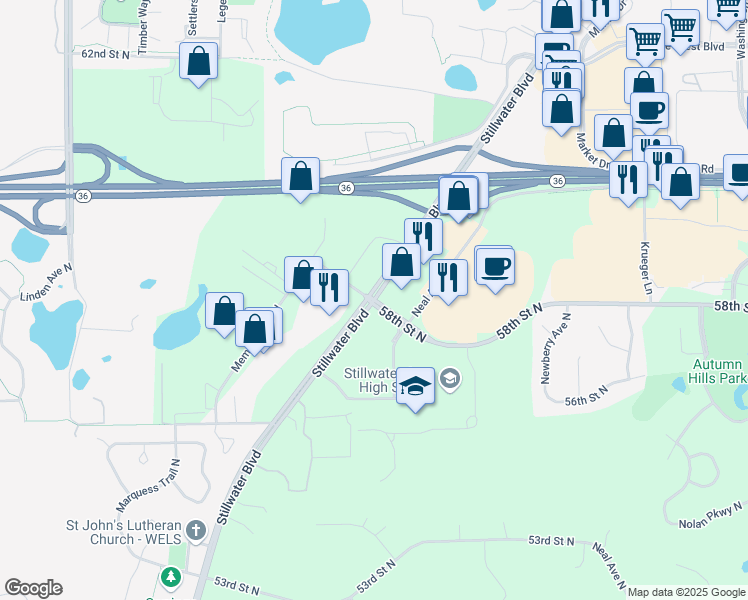 map of restaurants, bars, coffee shops, grocery stores, and more near Stillwater Boulevard North in Stillwater