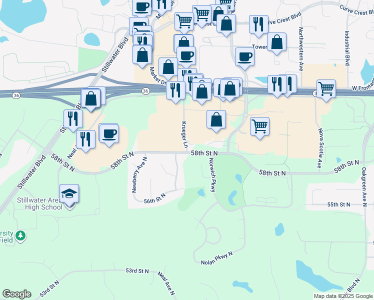 map of restaurants, bars, coffee shops, grocery stores, and more near 5805 Krueger Lane in Oak Park Heights