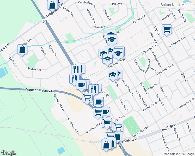 map of restaurants, bars, coffee shops, grocery stores, and more near 529 Fourteenth Street West in Cornwall