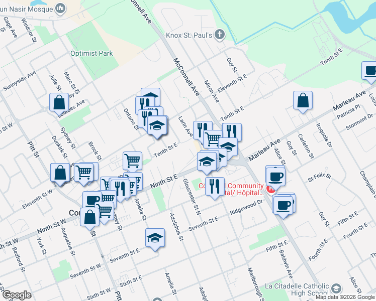 map of restaurants, bars, coffee shops, grocery stores, and more near 928 Pacific Lane in Cornwall