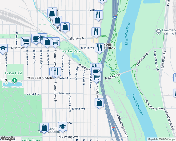 map of restaurants, bars, coffee shops, grocery stores, and more near 4255 Webber Parkway in Minneapolis