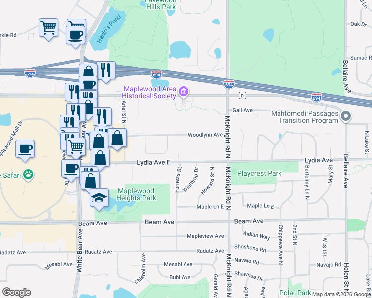 map of restaurants, bars, coffee shops, grocery stores, and more near 2164 Woodlynn Avenue in Saint Paul